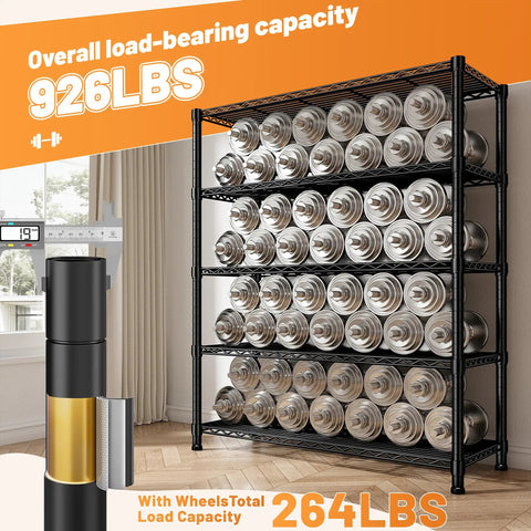 72.8 Inch 5 Tier Heavy Duty Storage Shelving With Cover And Wheels For Pantry Or Garage, black metal rack with 926 lbs load capacity