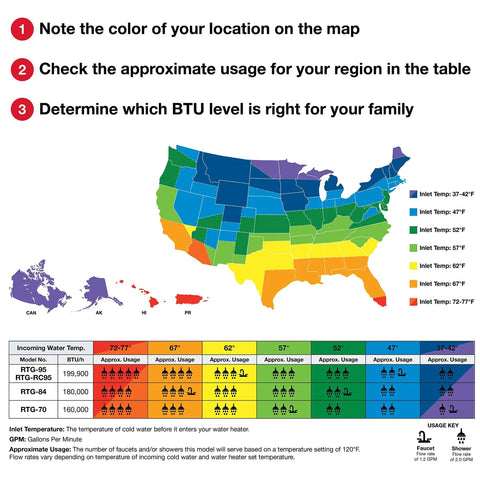 Map illustrating inlet temperatures and BTU levels for Indoor Natural Gas Tankless Water Heater Serves Up A Smooth Seven GPM Stream With EcoNet Smart Monitoring.