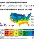 Map indicating regional BTU levels for Hella Smooth Seven Gallon Per Minute Natural Gas Tankless Water Heater.