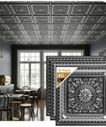 Antique Silver 2x2 PVC Ceiling Tile Pack Of 10 For Glue-Up Or Lay-In Install in vintage cafe setting