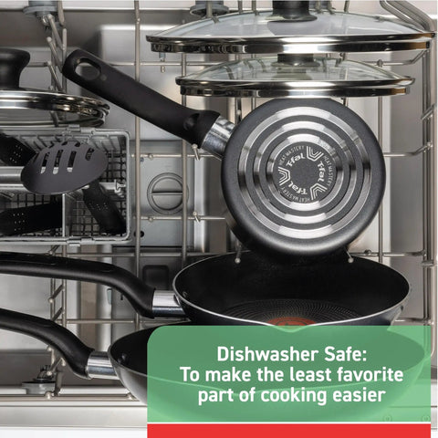 Nonstick Handy Pot With Glass Lid 3 Quart Oven Safe To 350F Dishwasher Safe Black Cookware Pot shown in dishwasher