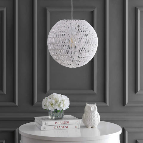 15.7 Inch White Modern Bohemian Woven LED Pendant Light With Adjustable Hanging Ceiling Lamp For Kitchen Island And Dining Room, Paper Wicker Shade, Bulb Included, Sleek And Lit