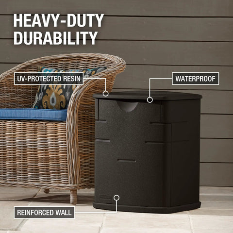 19 Gallon Resin Outdoor Deck Box Weatherproof Storage Brown UV Resistant Water Tight Lid near wicker chair on patio.