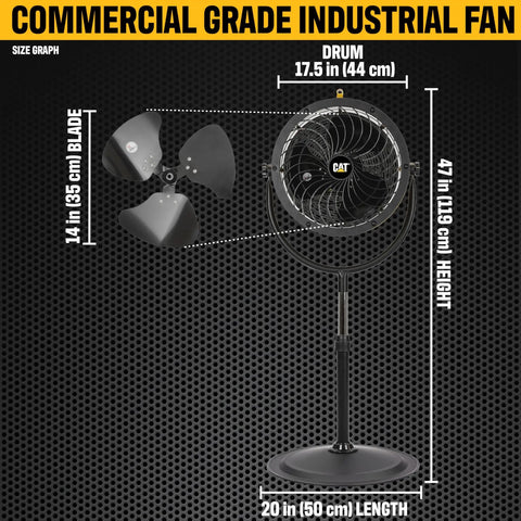 Beefy 14 Inch Blade High Velocity Pedestal Drum Fan Industrial Grade With 2,300 CFM 4 Speed 360 Degree Tilt And Dual Ball Bearing Motor