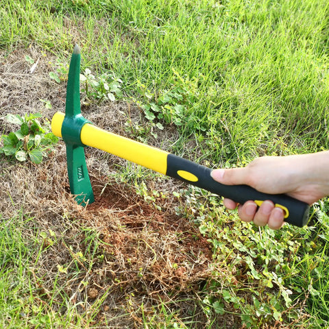Using Six Piece 15 Inch Heavy Duty Forged Garden Pick Mattock Hoe Set With 1.5 Lb Heads and rubber handles for weeding