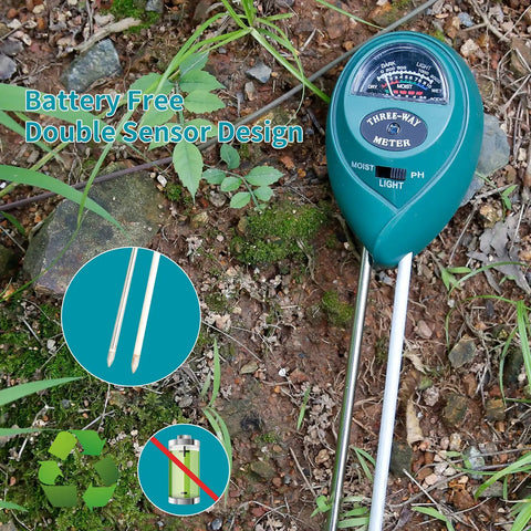 Three In One Soil Tester For Moisture Light And pH With Easy To Read Results And No Batteries Needed Perfect For Indoor And Outdoor Plants Gardens Lawns Farms And Balconies placed on soil with grass, showing dual sensor design.
