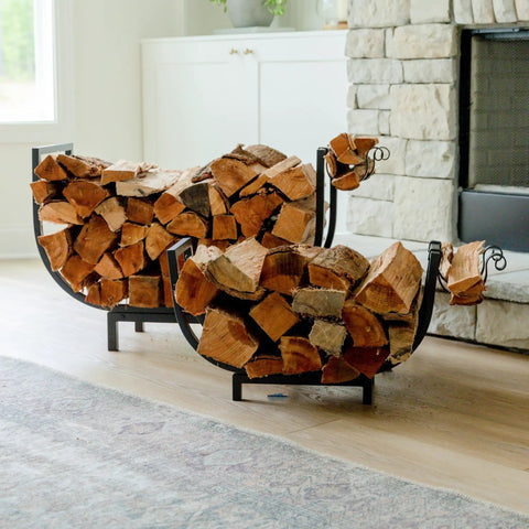 Curved 24.5 Inch Firewood Rack With Kindling Hooks For Indoor And Outdoor Use, Waterproof, Rustproof, Stable Log Holder