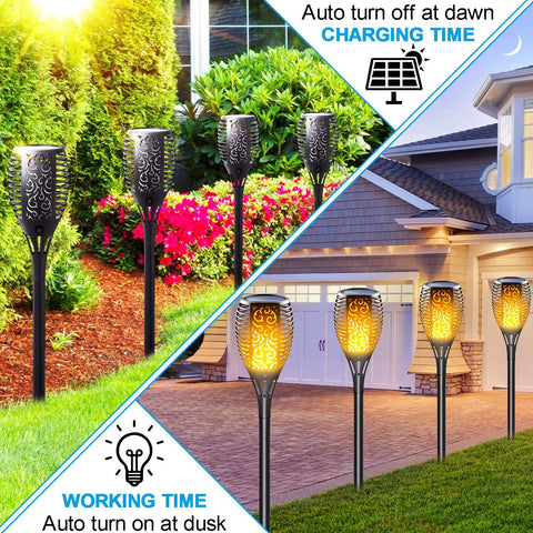 8-pack Solar Torch Lights With Flickering Flame For Outdoor Yards And Pathways, Waterproof IP65 Tiki Torches in garden.