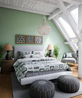 Bedroom with Dumas 3 Light Coastal Boho Chandelier, weathered white beads, exposed bulbs, vaulted ceiling, rustic modern decor