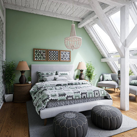 Bedroom with Dumas 3 Light Coastal Boho Chandelier, weathered white beads, exposed bulbs, vaulted ceiling, rustic modern decor
