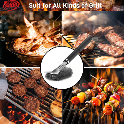 Collage of BBQ scenes with grill brush highlighting 18 Inch Adjustable Grill Brush With Scraper For Outdoor Grills Heavy Duty BBQ Cleaner