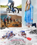 Person biking in blue rain poncho from 60 Pack Disposable Rain Ponchos For Adults With Hood, Emergency Waterproof Rain Gear