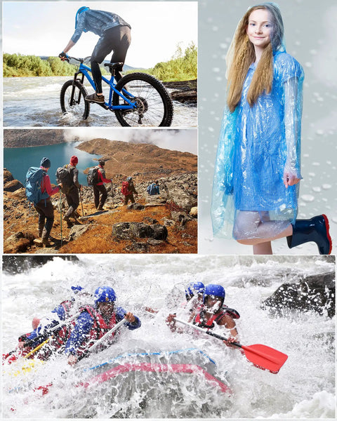 Person biking in blue rain poncho from 60 Pack Disposable Rain Ponchos For Adults With Hood, Emergency Waterproof Rain Gear