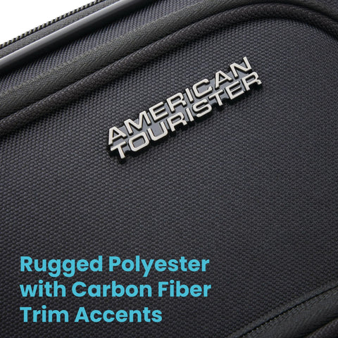 Close-up of lightweight spinner carry-on luggage with carbon fiber trim and rugged polyester material in black.