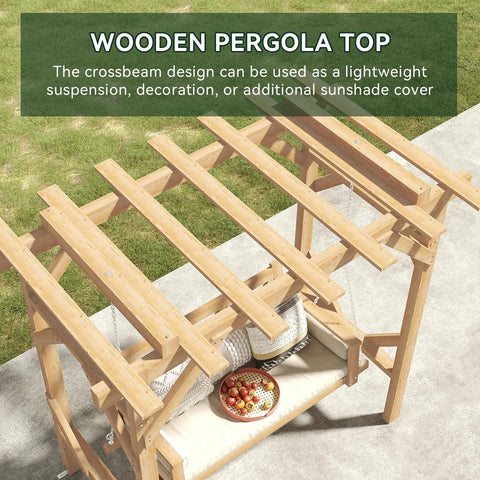 Top view of Cedar Wood Outdoor Pergola Swing Bench With Stand And Canopy three-seat patio hammock swing in natural wood