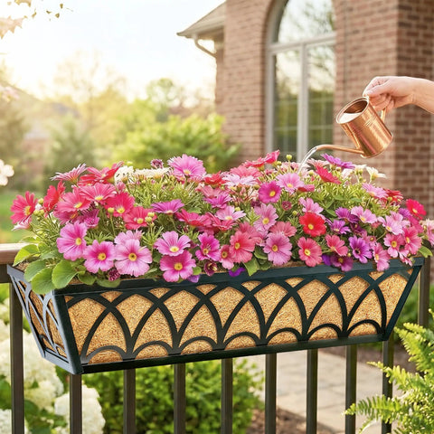 24 Inch Railing Planter Box Set With Adjustable Brackets And Coco Liners 2 Pack Balcony Deck Flower Boxes for Windows and Railings