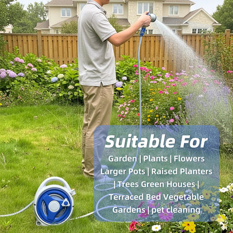 Man using Retractable Garden Hose Reel With 10 Patterns Spray Nozzle, 50Ft Auto Wind Up Hose Holder for garden watering.
