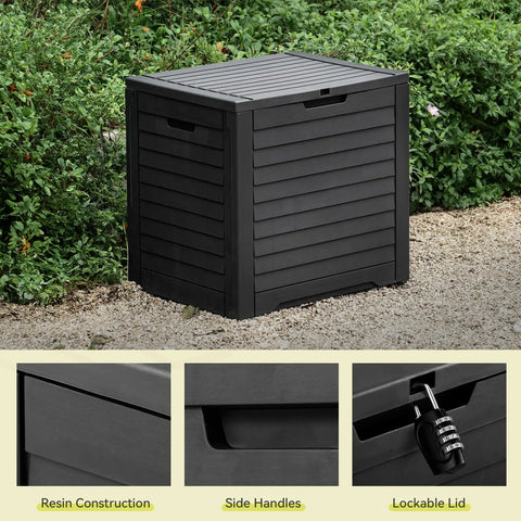 Beefy 35 Gallon Outdoor Storage Box Waterproof Resin Deck Box With Lockable Lid, black resin box on gravel