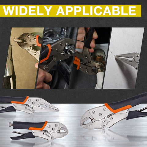 Five Pack Locking Pliers Set With Curved Jaw And Long Nose Precision Grips In 5 Inch 7 Inch 9 Inch And 10 Inch Sizes Includes Wire Cutter Screw Adjustable Locks With Trigger Release And Handy Storage Bag in various uses.