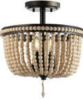Boho Farmhouse 3 Light LED Semi Flush Mount Ceiling Chandelier With Cream Wood Bead Shade Black And Light Taupe Beaded Fixture