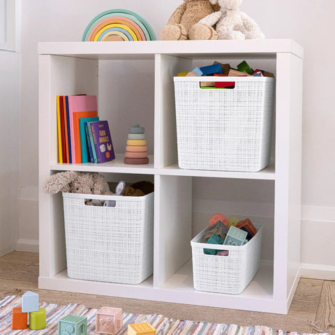 Set Of 4 Large Cube Storage Baskets With 17L Capacity, Jute Look Resin Bins in a white cube shelf, organized with toys and books