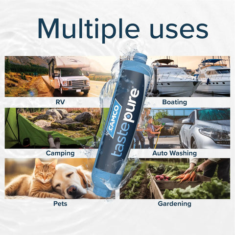 TastePure RV Water Filter Inline System With Flexible Hose Protector Six Step Filtration GAC And KDF for RV, boat, camping, pets, garden uses