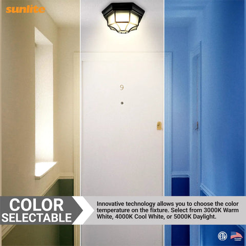 Slick 12 Inch LED Octagonal Outdoor Wall Or Ceiling Flush Mount Light With Dimmable And Selectable CCT in different temperatures