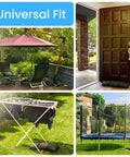 4 Pack Fillable Sand Bags For Umbrella Bases And Patio Stands featured with versatile outdoor use, shown under umbrella, door, dryer, and trampoline.