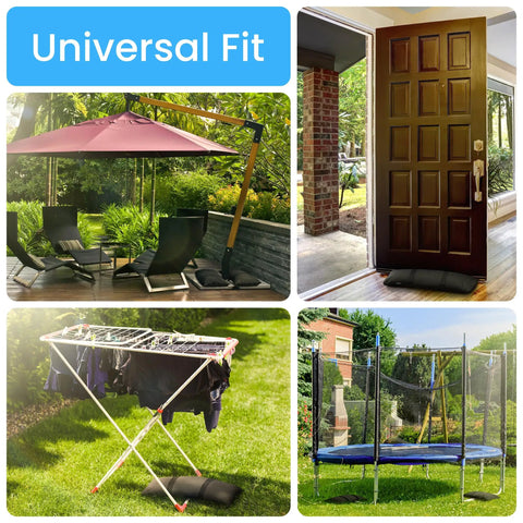 4 Pack Fillable Sand Bags For Umbrella Bases And Patio Stands featured with versatile outdoor use, shown under umbrella, door, dryer, and trampoline.