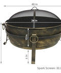 Dimensions of Outdoor 34 Inch Wood Burning Fire Pit Bowl With Spark Screen, Log Poker, And Grate For Backyard Gatherings