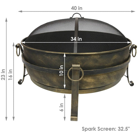 Dimensions of Outdoor 34 Inch Wood Burning Fire Pit Bowl With Spark Screen, Log Poker, And Grate For Backyard Gatherings