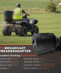 Man using ATV Broadcast Spreader Attachment With 150Lb Poly Hopper 12V Motor 30 Foot Spread on a field