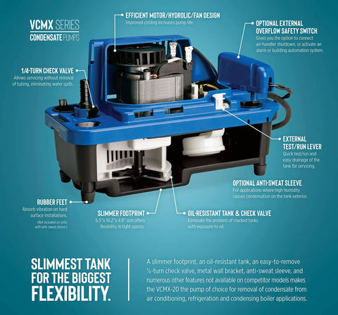 VCMX-20ULST condensate removal pump with features labeled, efficient design, safety switch, anti-sweat sleeve, in blue.