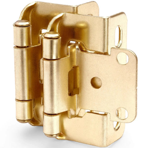 Close-up of 50 Pack Half Inch Overlay Brushed Gold Cabinet Hinges For Face Frame Cabinets, stacked and semi-concealed view.