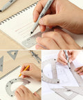 Pro Grade Geometry Set 15 Piece Drafting Kit With Protractor, Compass, Metal Ruler in use for sketching and measuring on notepad