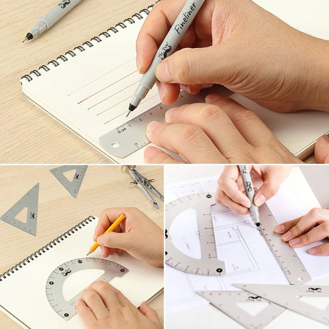 Pro Grade Geometry Set 15 Piece Drafting Kit With Protractor, Compass, Metal Ruler in use for sketching and measuring on notepad