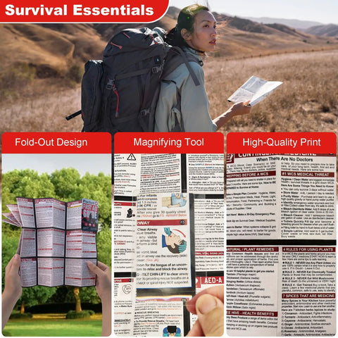 Pocket First Aid Guide For Everyday Carry EDC Waterproof Emergency Kit opened in nature showing illustrations and text details