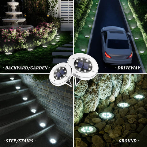 Outdoor Solar Ground Lights 12 Pack Waterproof Landscape Pathway Lighting for Driveway Patio Backyard Walkway Cool White LED Easy Install Energy Saving Ultra Bright Garden Accent No Fuss Setup shown illuminating various outdoor spaces.