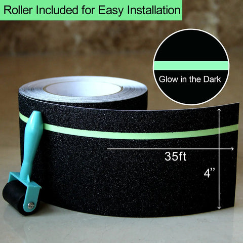 Roll of Anti Slip Tape With Glow In The Dark Stripe For Stairs Four Inch By Thirty Five Foot Waterproof Non Slip Grip Tape with roller