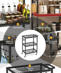 Three-Tier Rolling Cart With 150 Pound Capacity, Lightweight Black Kitchen Storage Cart With Two Lockable Wheels, features showcase including slip resistance and rotatable wheels.