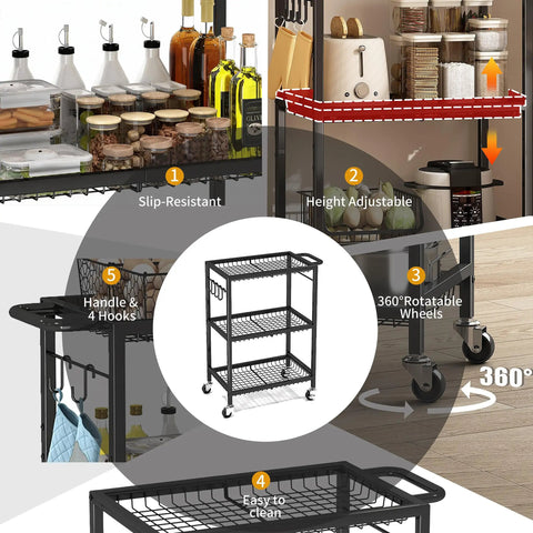 Three-Tier Rolling Cart With 150 Pound Capacity, Lightweight Black Kitchen Storage Cart With Two Lockable Wheels, features showcase including slip resistance and rotatable wheels.