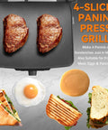 Bakers Friend Stainless Steel Panini Press Electric Griddle And Sandwich Maker Grill with two steaks and sandwich ingredients.
