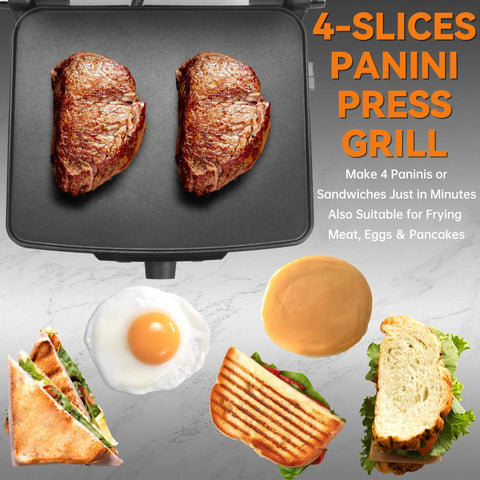 Bakers Friend Stainless Steel Panini Press Electric Griddle And Sandwich Maker Grill with two steaks and sandwich ingredients.