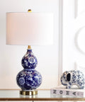 27 Inch Blue White Ceramic Chinoiserie Table Lamp With Floral Double Gourd Vase Design, White Linen Drum Shade, Brass Gold Base