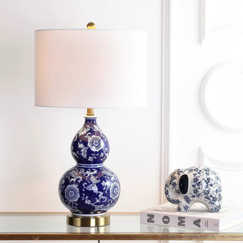 27 Inch Blue White Ceramic Chinoiserie Table Lamp With Floral Double Gourd Vase Design, White Linen Drum Shade, Brass Gold Base