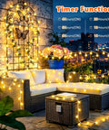Patio with Rechargeable Camping String Lights 33Ft 100 LED Globe Bulbs Warm White With Timer hanging on furniture and wall