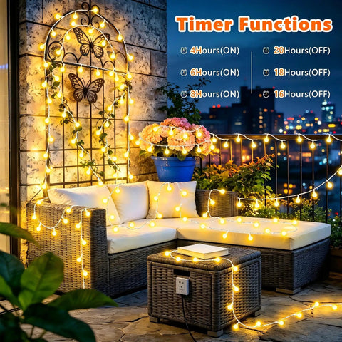 Patio with Rechargeable Camping String Lights 33Ft 100 LED Globe Bulbs Warm White With Timer hanging on furniture and wall
