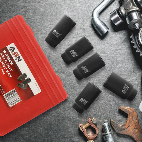 1/2 Inch Drive 6-Point Go-To Thin Wall Axle Nut Socket Set 9-Piece Metric Kit with tools on gray surface