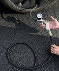 Heavy Duty 1/4 Inch Air Compressor Hose 50 Feet Long, in use with tire pressure gauge, Kink Resistant PVC for garage.