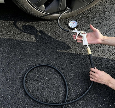 Heavy Duty 1/4 Inch Air Compressor Hose 50 Feet Long, in use with tire pressure gauge, Kink Resistant PVC for garage.